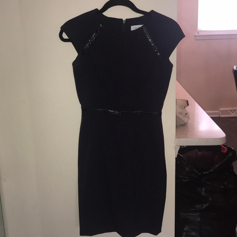 Navy cap sleeve dress with black patent trim